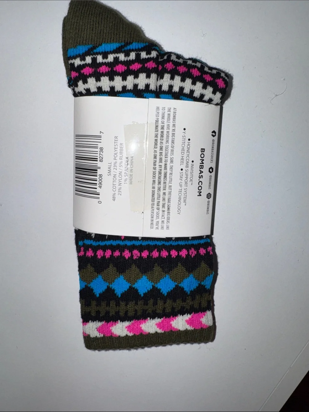 Bombas Olive Crew Socks with Black, Blue & Pink Accents